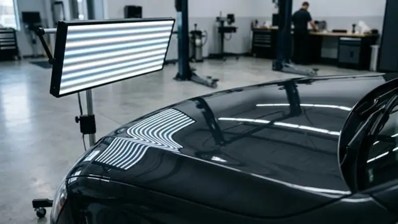 A PDR inspection light reflects straight lines on a perfectly smooth car hood, showing the quality of a paintless dent repair after hail damage.