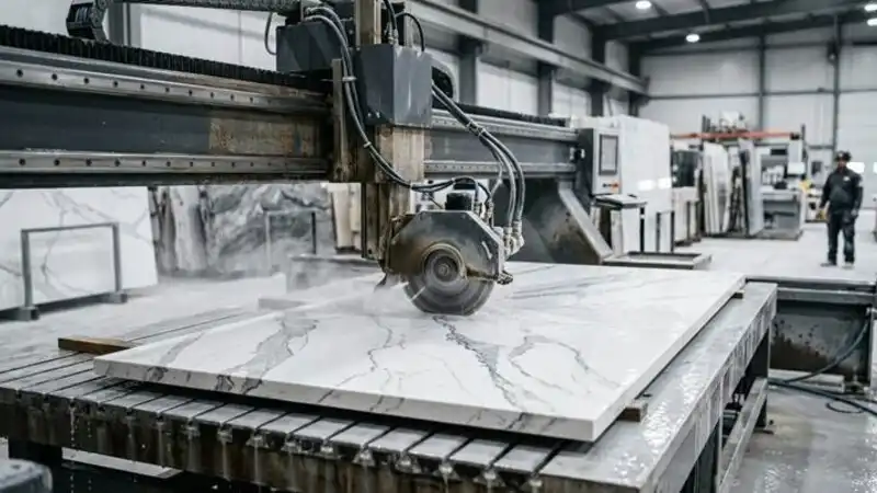 A CNC saw in a countertop fabrication workshop precisely cuts a large slab of white quartz with grey veins, spraying water to cool the blade.