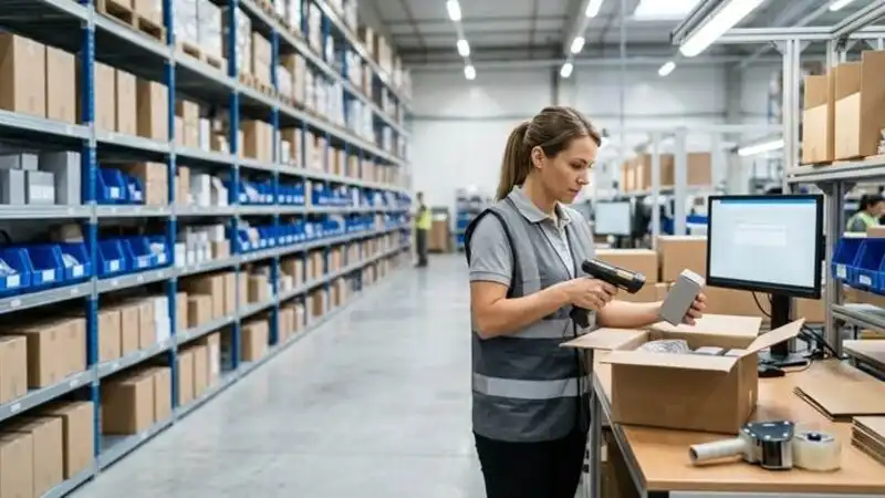 A worker in a clean warehouse uses a scanner on a product at a packing station, demonstrating the process for accurate e-commerce order fulfillment.