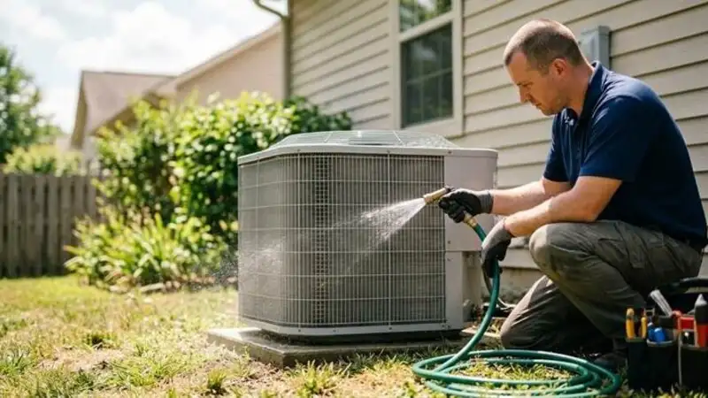 An HVAC technician performs an AC service, using a hose to clean the coils of an outdoor condenser unit next to a house on a sunny day.