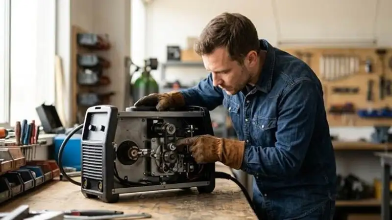 A professional welder inspects the all-metal wire drive system inside an open MIG welder sitting on a workbench in a workshop.