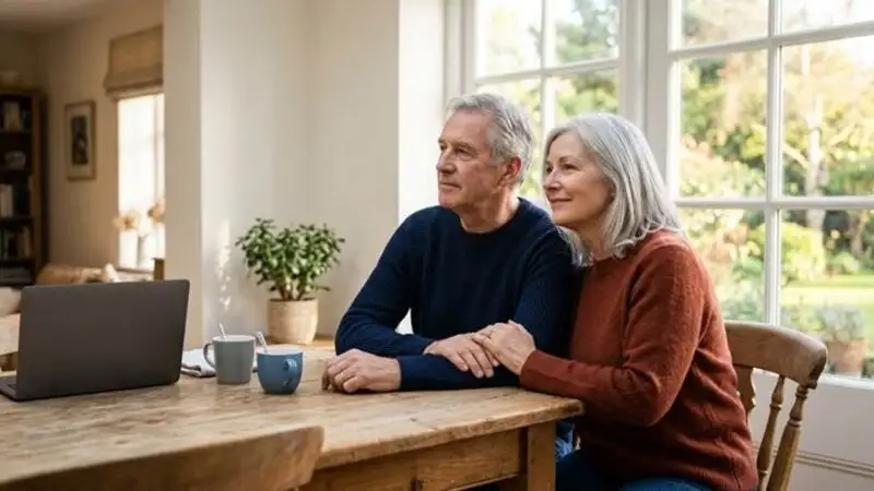 A mature couple sits at their dining table, looking out a sunny window while discussing their retirement income and financial planning.
