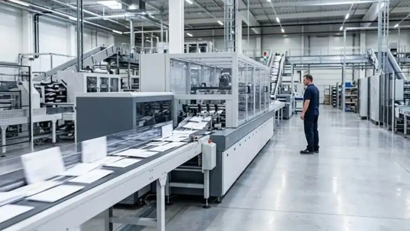 A modern mail processing facility with a high-speed machine for statement printing and mailing, showing an efficient, automated process.