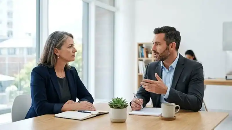 A client listens carefully as her fiduciary financial advisor explains a concept in a bright, modern office setting.